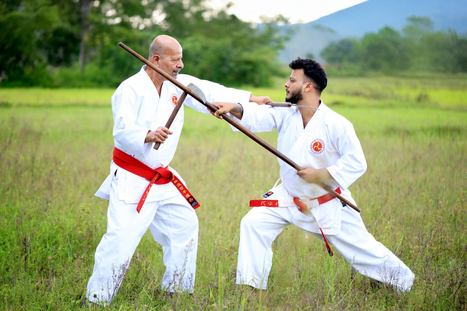 hanshi ravindran k.p and sensei lince ravi practicing a combination kobudo technique during a training session. (large)